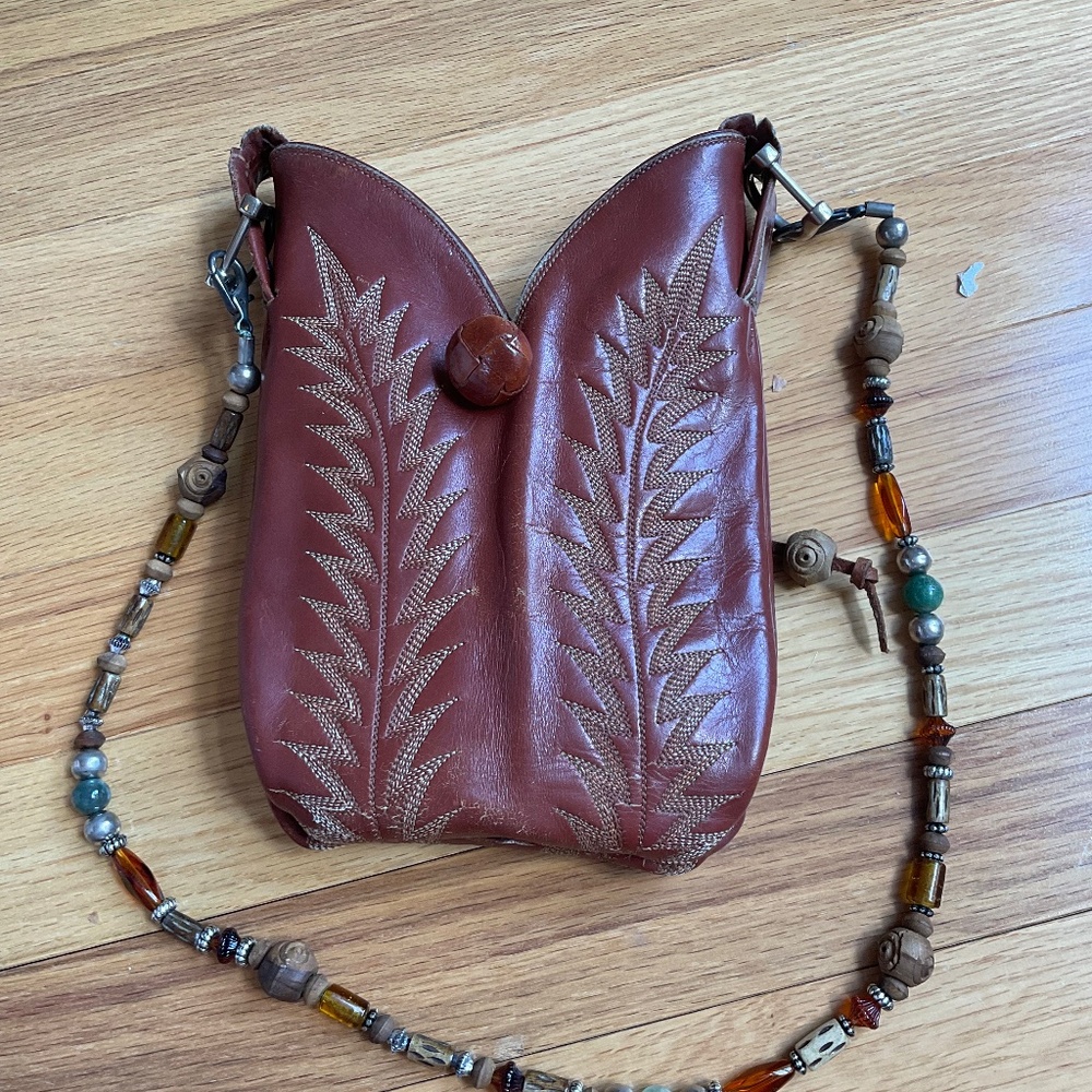 Mini SaddleBag handbags made from genuine cowboy boots with beaded strap